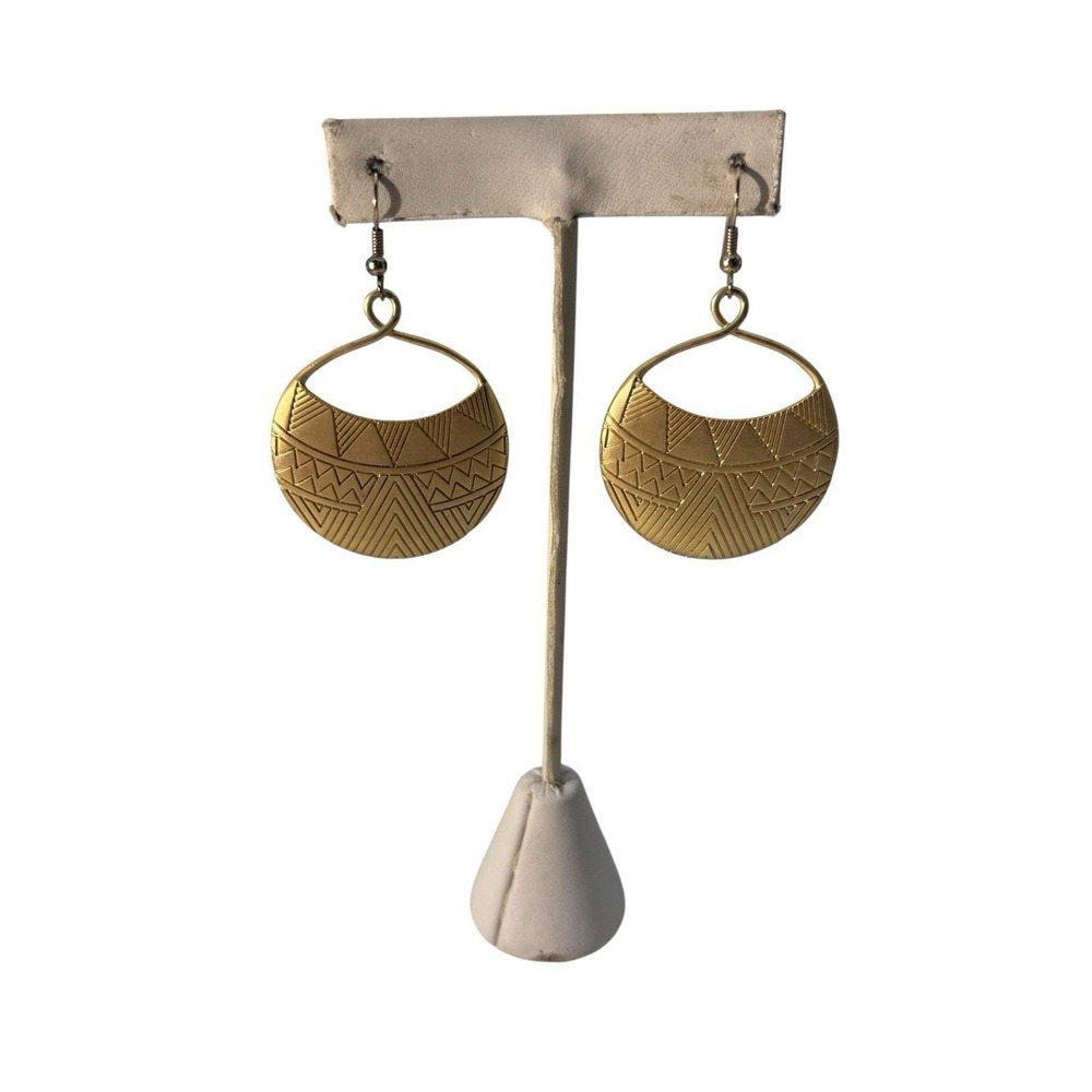 Vintage‎ Gold Tone Etched Geometric Chevron Round Pierced Dangle Earrings